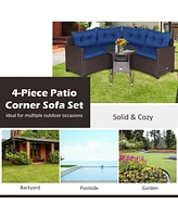 4 Pieces Patio Rattan Furniture Set Cushioned Sofa Glass Table