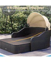 Patio Pe Rattan Daybed with Retractable Canopy and Soft Cushions