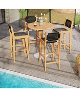 Rattan Teak Wood Bar Stool with Backrest and Footrest