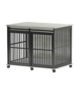 Furniture dog crate sliding iron door dog crate with mat Grey