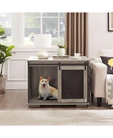 Farmhouse Dog Cage Crate Furniture with Sliding Barn Door Gray