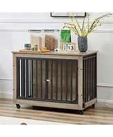 Furniture Style Dog Crate Side Table With Feeding Bowl, Wheels, Three Doors, Flip-Up Top Opening. Indoor, Grey