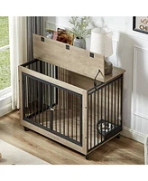 Furniture Style Dog Crate Side Table With Rotatable Feeding Bowl, Wheels, Three Doors, Flip-Up Top Opening. Indoor, Grey