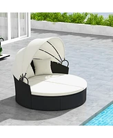 Clamshell Patio Round Daybed Wicker with Retractable Canopy and Pillows
