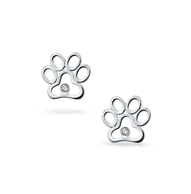 Bling Jewelry Bff Cz Stud Earrings for Pet Lovers with Cat Dog Paw Print in Sterling Silver