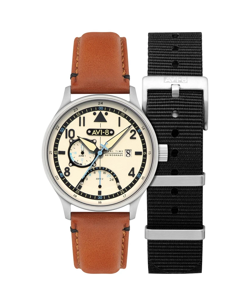Avi-8 Men's Hawker Hurricane Mckellar Dual-Time Tan Leather Strap Watch, 44mm