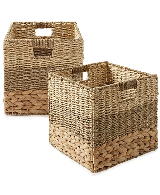 Casafield 10.5" x 10.5" Mixed Weave Storage Baskets, Natural - Set of 2 Collapsible Cubes, Woven Bin Organizers for Bathroom, Bedroom, Laundry