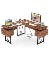 L-Shaped Computer Desk with Power Outlets for Convenient Charging and Efficient Workspace
