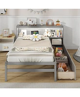 Bed Frame with Led Light and Bookcase Headboard