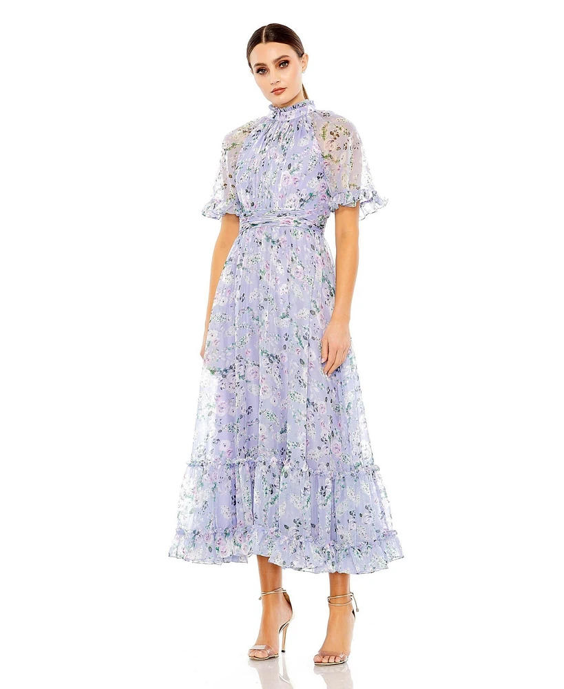 Women's Floral Print High Neck Raglan Sleeve Dress