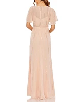 Women's High Neck Flutter Sleeve Embellished Gown