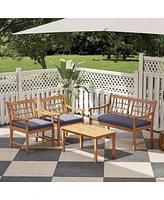 4 Pcs Wood Patio Furniture Set with Soft Seat Cushions Solid Acacia Frame