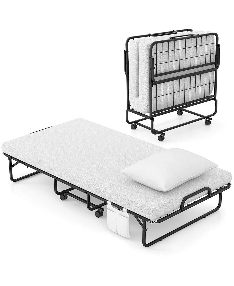 75" x 39" Folding Bed with Memory Foam Mattress & Pillow Dust Cover Metal Frame