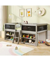 Twin Low Loft Bed with Ramp Ladder & Bookcases Full-length Safety Guardrail