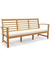 Patio Wood Bench with Seat Cushion and Slatted Seat for Backyard