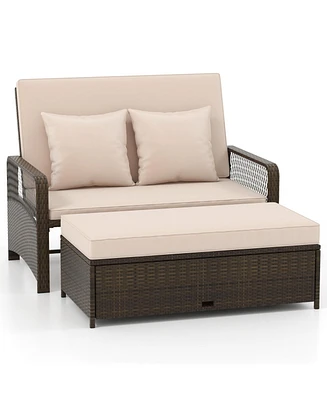 Patio Adjustable Wicker Daybed with 4-Level Backrest and Soft Cushions