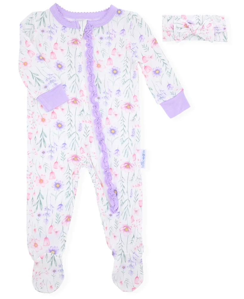 Max & Olivia Baby Girls 2-Piece Print Footie with Headband Set