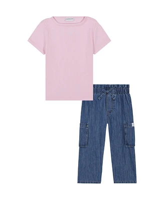 Calvin Klein Toddler and Little Girls 2-Piece Ribbed Square Neck T-Shirt Wide Leg Denim Pant Set