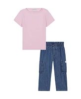 Calvin Klein Toddler and Little Girls 2-Piece Ribbed Square Neck T-Shirt Wide Leg Denim Pant Set