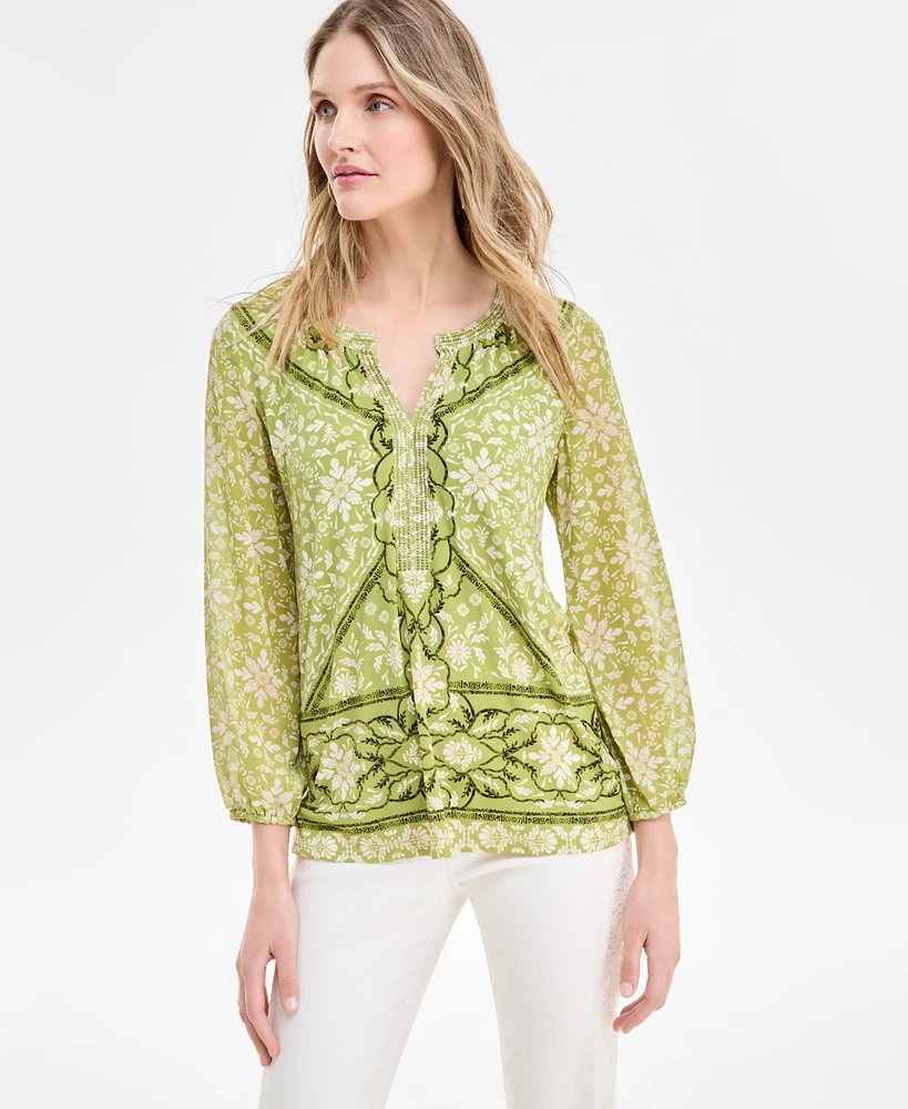 Jm Collection Women's Printed Chiffon Sleeve Rhinestone Split-Neck Top, Exclusively at Macy's