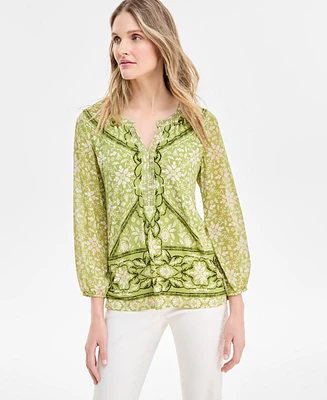 Jm Collection Women's Printed Chiffon Sleeve Rhinestone Split-Neck Top, Exclusively at Macy's