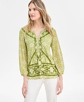 Jm Collection Women's Printed Chiffon Sleeve Rhinestone Split-Neck Top, Exclusively at Macy's
