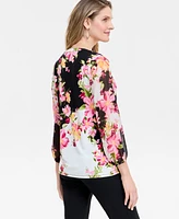 Jm Collection Women's Printed Embellished Split-Neck Top, Exclusively at Macy's