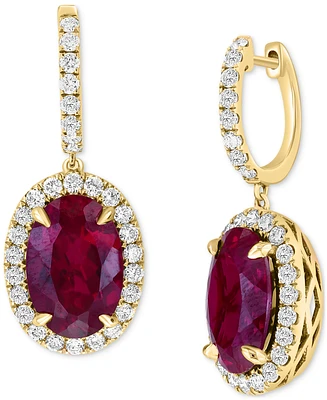 Effy Lab Grown Ruby (8-3/8 ct. t.w.) & Lab Grown Diamond (1-1/5 ct. t.w.) Halo Drop Earrings in 14k Gold