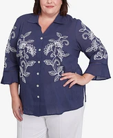 Alfred Dunner Plus Nantucket Embroidered Marine Button Front Top