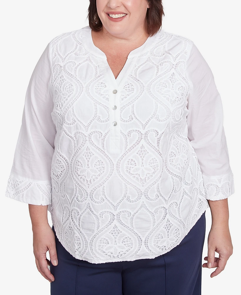 Alfred Dunner Plus Nantucket Lace Scroll Solid Henley Mandarin Collar Top