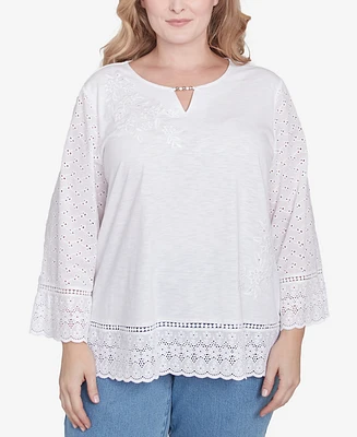 Alfred Dunner Plus Flower Power Floral Embroidered Eyelet Trim Top