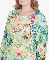 Alfred Dunner Plus Parrot Cay Tropical Toucan Crew Neck Top