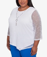 Alfred Dunner Plus Parrot Cay Popcorn Mesh Crew Neck Top with Necklace