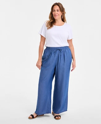 Style & Co Plus Chambray Drawstring High-Rise Wide-Leg Pants, Exclusively at Macy's