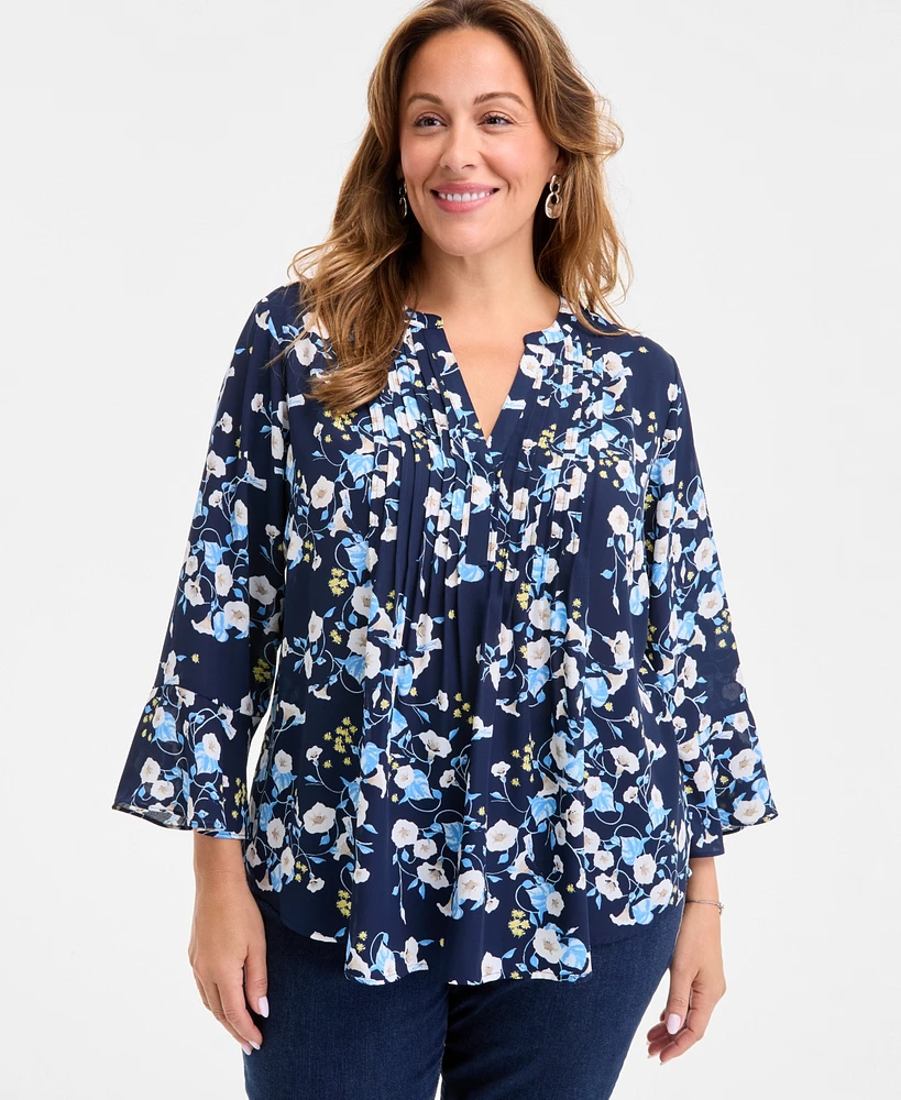 Style & Co Plus Morning Glories Pintuck Top, Exclusively at Macy's