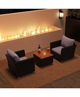 3 Pieces Outdoor Patio Wicker Furniture Set with Cushions and Acacia Wood Coffee Table