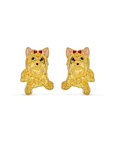 Bling Jewelry Best Friend Animal Pink Bow Yorkshire Terrier Stud Earrings Gold Plated