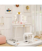 Kids Vanity Set with Tri-Fold Lighted Mirror, Detachable Top, and Stool Fun Dressing Table for Kids