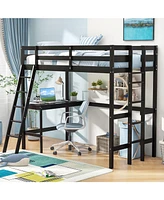 Loft Bed Frame with Angled Desk and Built-in Ladder Space-Saving Design for Bedroom or Dorm