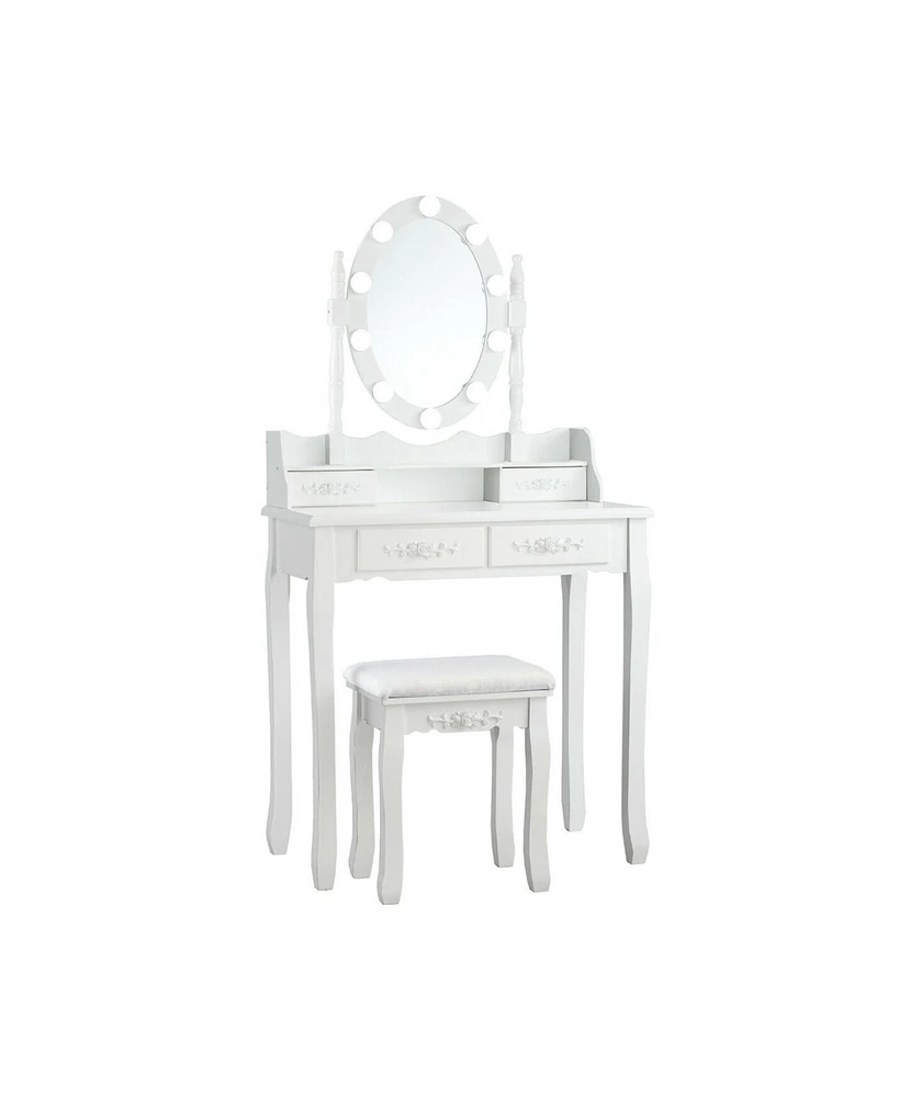 Makeup Dressing Table with Touch Switch Lighted Mirror and Cushioned Stool