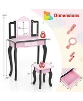 2-in-1 Princess Dressing Table Writing Desk with Cute Leopard Print and 3 Makeup Accessories Fun Vanity Set for Kids