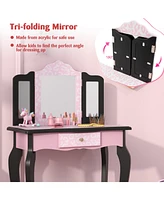 2-in-1 Princess Dressing Table Writing Desk with Cute Leopard Print and 3 Makeup Accessories Fun Vanity Set for Kids