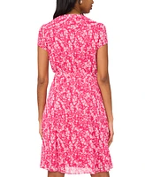 Msk Petite Printed Split-Neck Pin-Tuck Tie Waist Dress