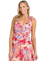 R & M Richards Petite Floral-Print Ruched High-Low Dress