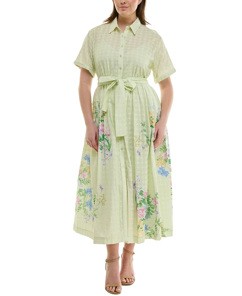 Taylor Plus Cotton Eyelet Floral-Print Shirtdress