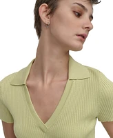 Dkny Jeans Womens Ribbed V-Neck Polo Sweater