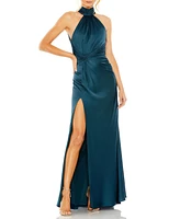 Women's Open Back High Neck Side Ruched Gown