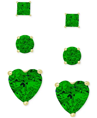 3-Pc. Set Green Quartz Round, Square And Heart Stud Earrings (1-3/8 ct. t.w.) in 14k Gold-Plated Sterling Silver