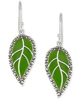 Green Agate & Marcasite Leaf Drop Earrings in Sterling Silver