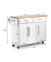 Rolling Kitchen Trolley Cart with Wood Countertop and Storage Cabinet